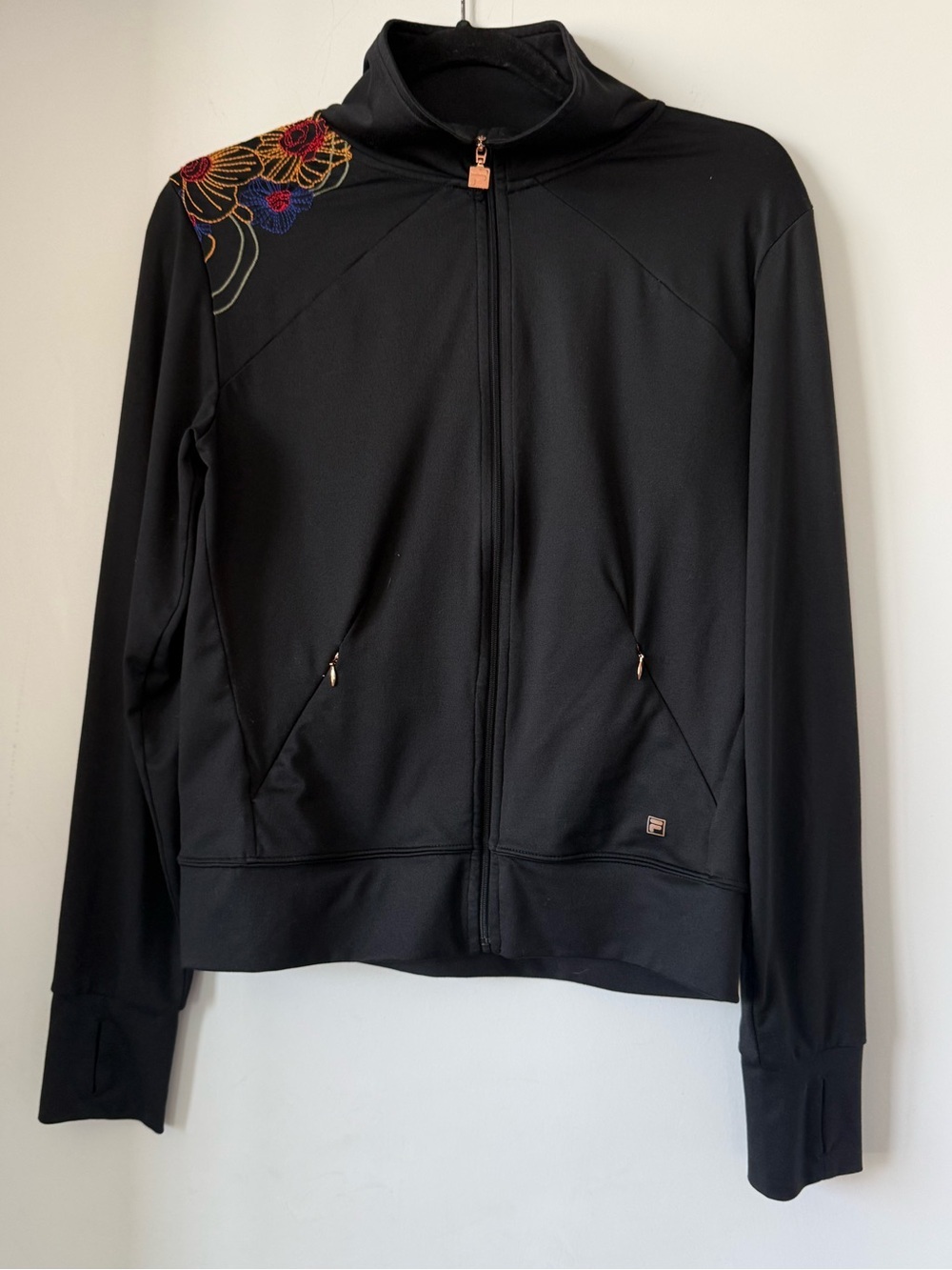 Fila Black Women's Zip-Up Track Jacket with Floral Shoulder Embroidery